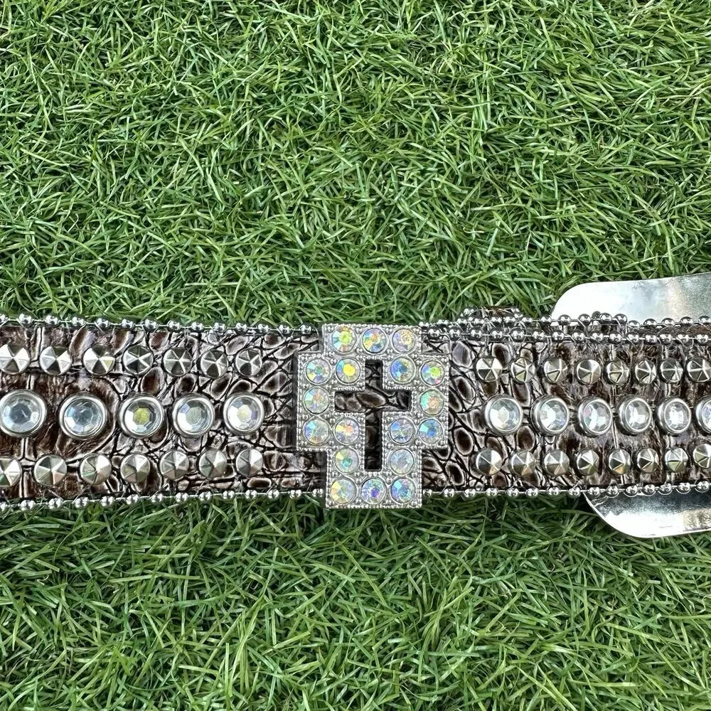 Pewter Rhinestone Cross‎ Crystal Croco Leather Snap On Buckle Belt Medium